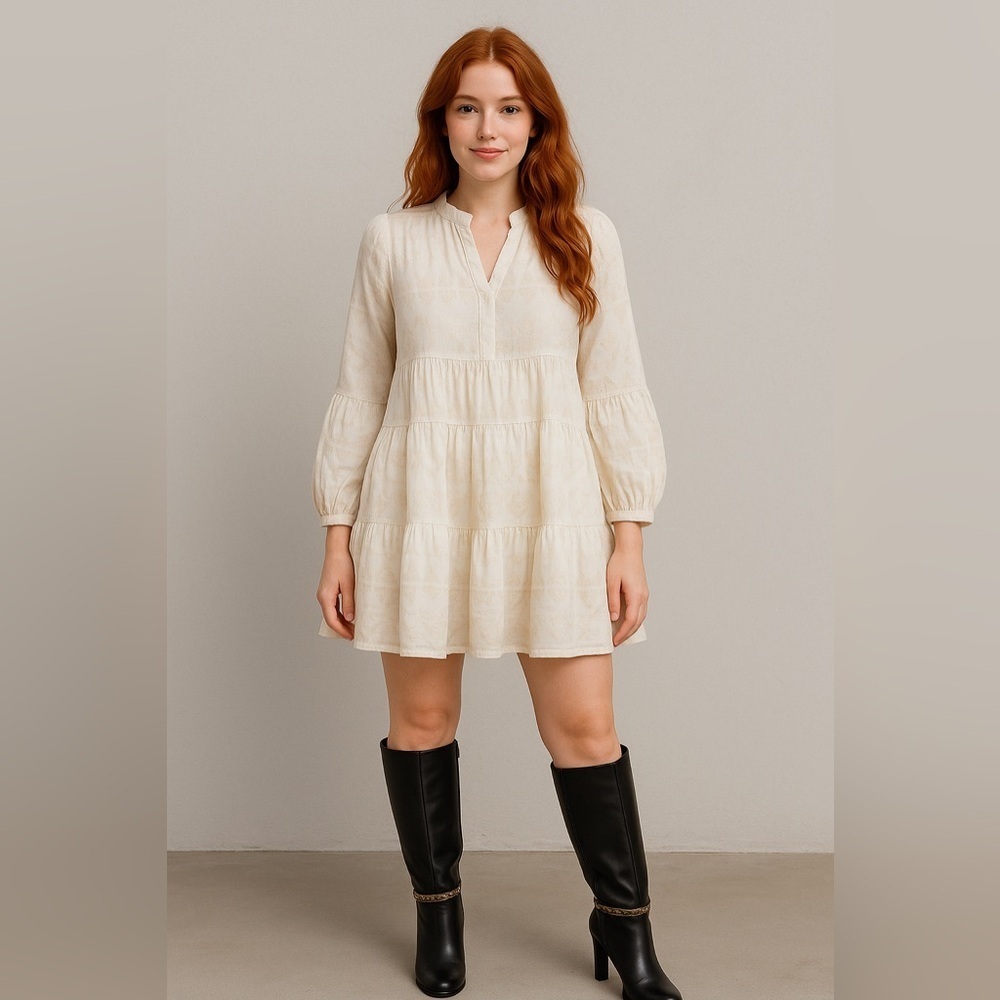 Elan Cream Long Sleeve Tiered‎ Dress